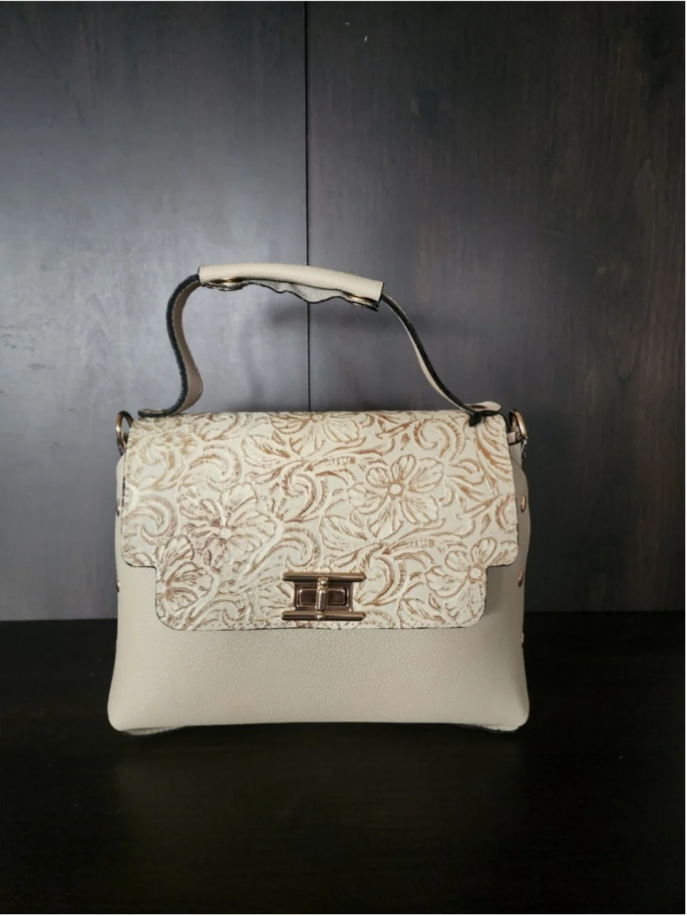 Off White Ivory Floral Studded Embossed Artisan LEATHER Purse Handbag Crossbody